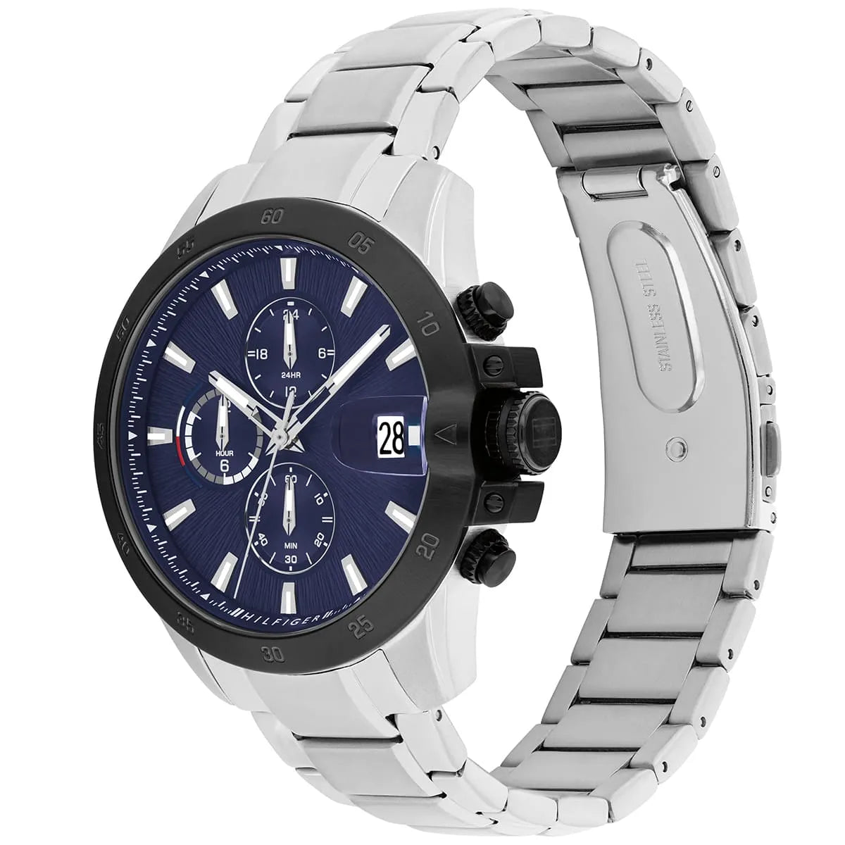 Side angle view of Tommy Hilfiger Jameson watch showing blue dial and steel link bracelet
