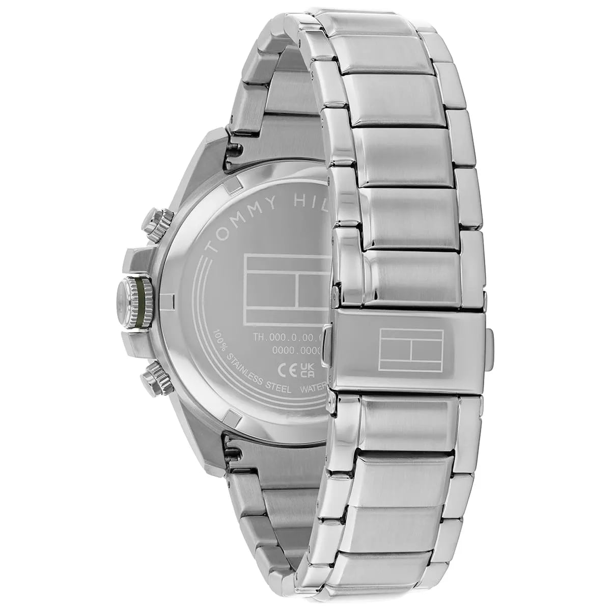 Case back of Tommy Hilfiger Jameson watch with engraved branding and stainless steel bracelet