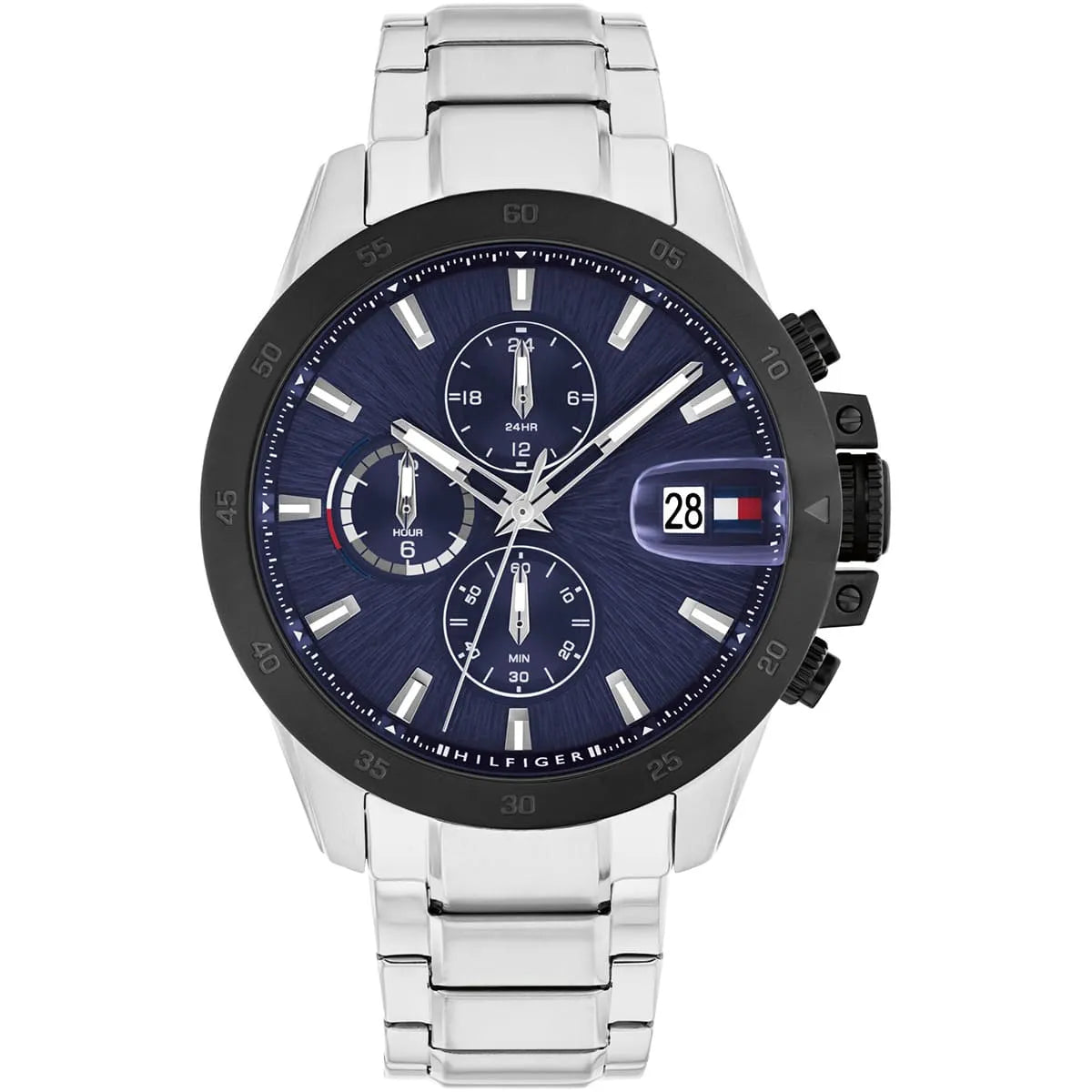 Tommy Hilfiger Jameson chronograph watch with blue dial, black bezel, and silver stainless steel bracelet