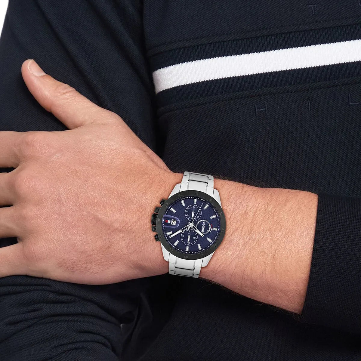 Tommy Hilfiger Jameson watch on wrist, lifestyle shot showing dial and steel bracelet