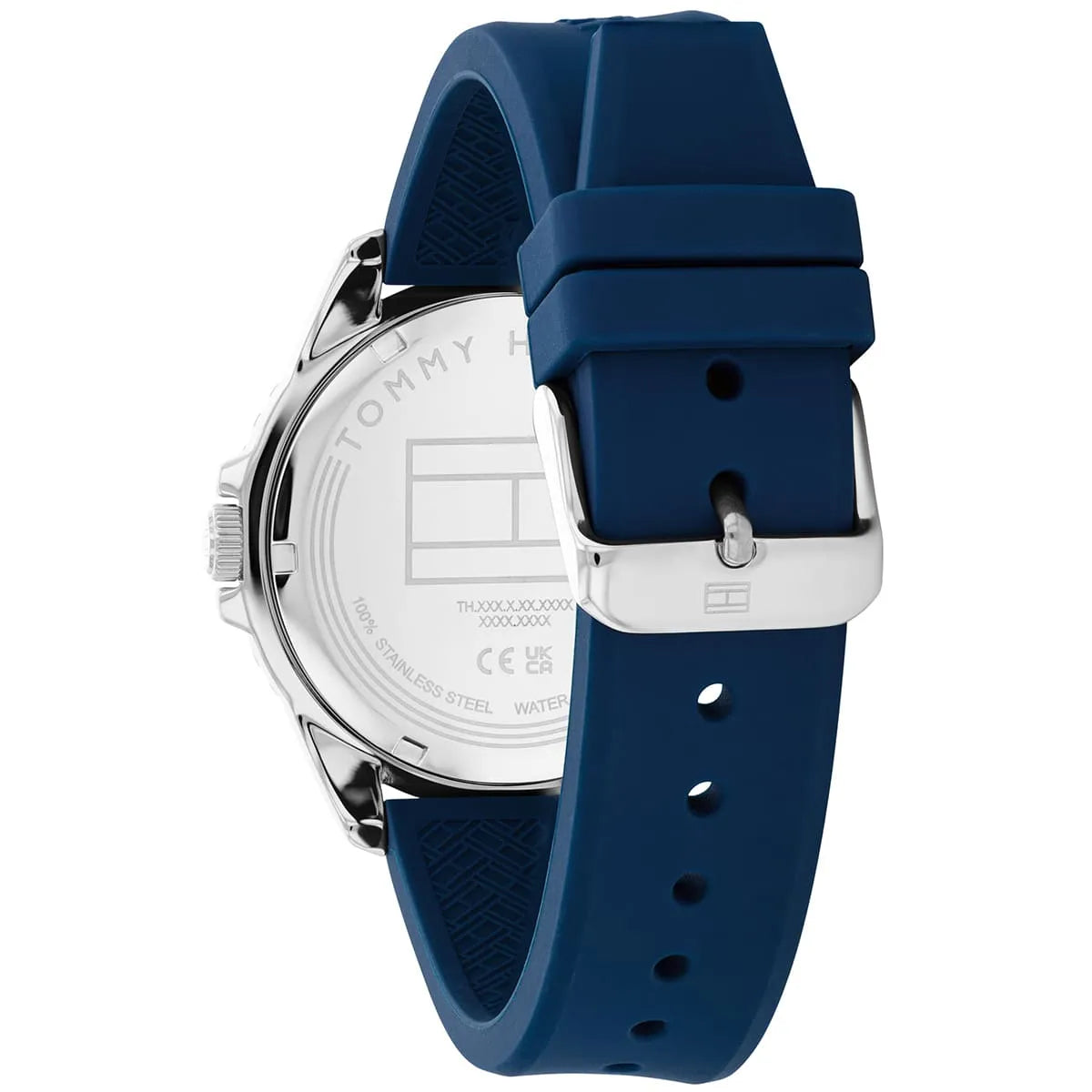 Tommy Hilfiger watch caseback showing silver case, 'TOMMY' engraving, and navy silicone strap