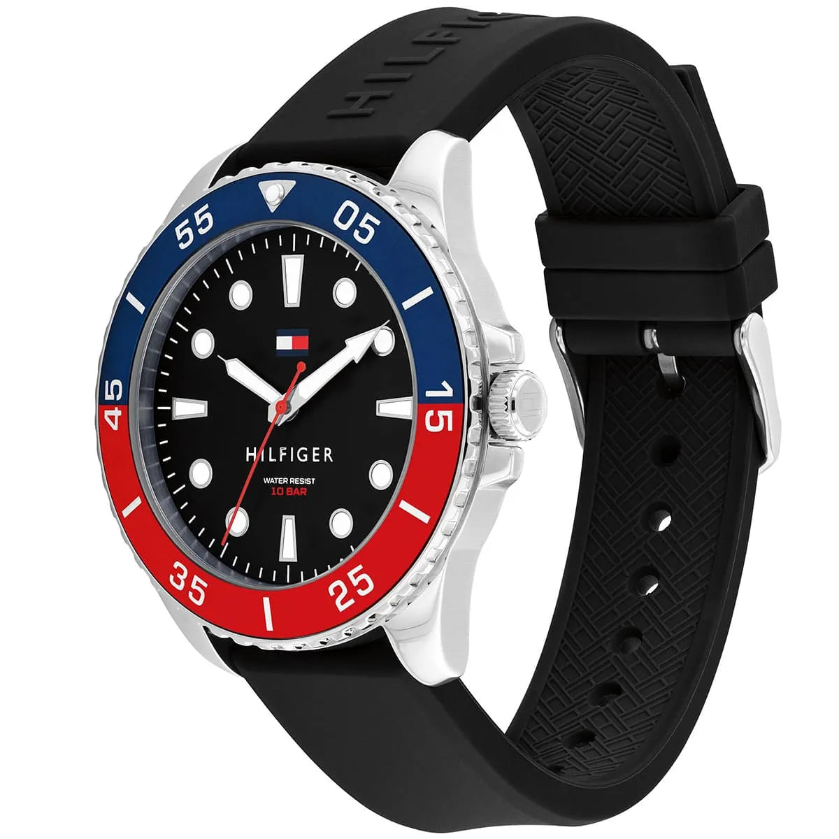 Tommy Hilfiger watch at angle showing black silicone strap and rotating bezel