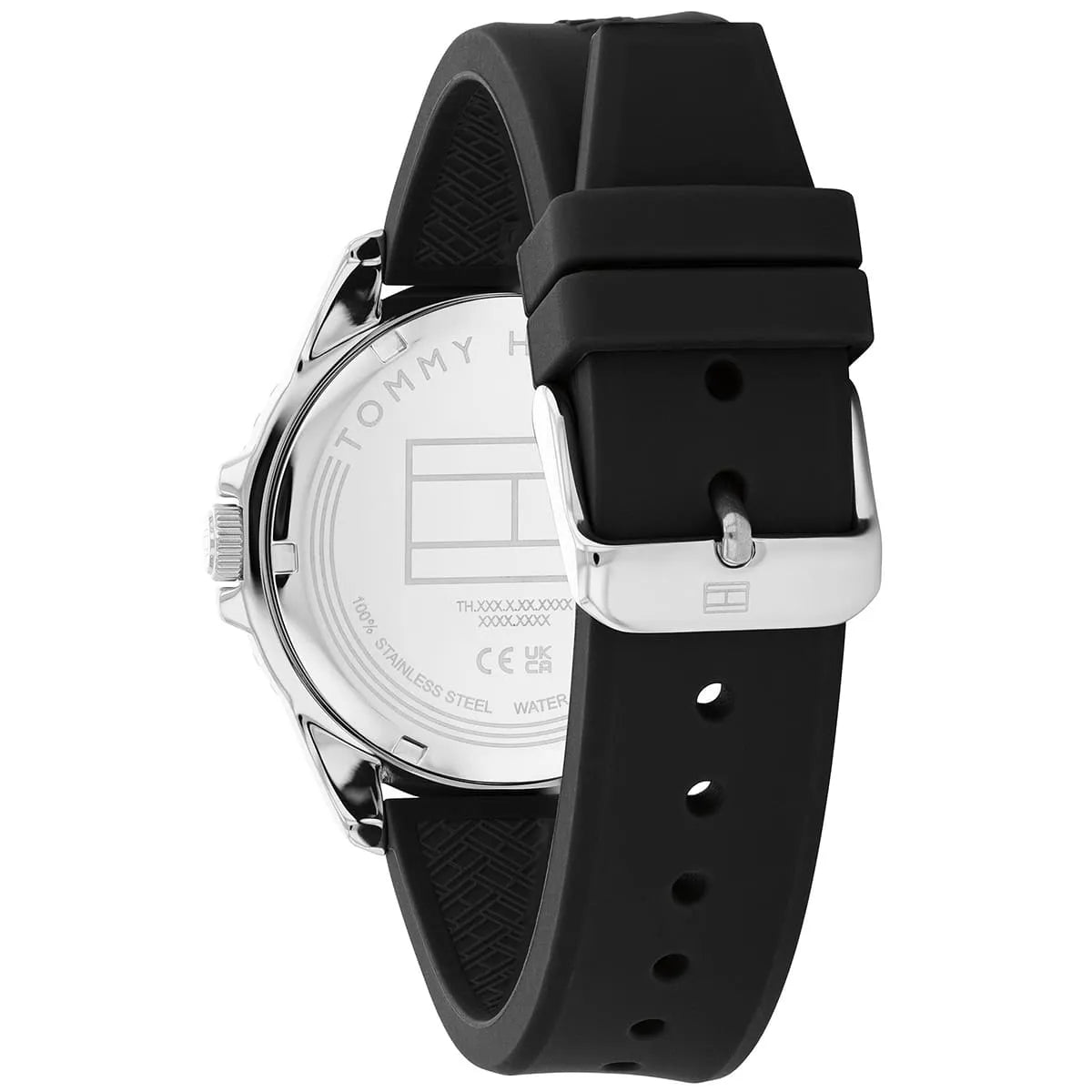 Tommy Hilfiger watch caseback showing steel case back and silicone strap