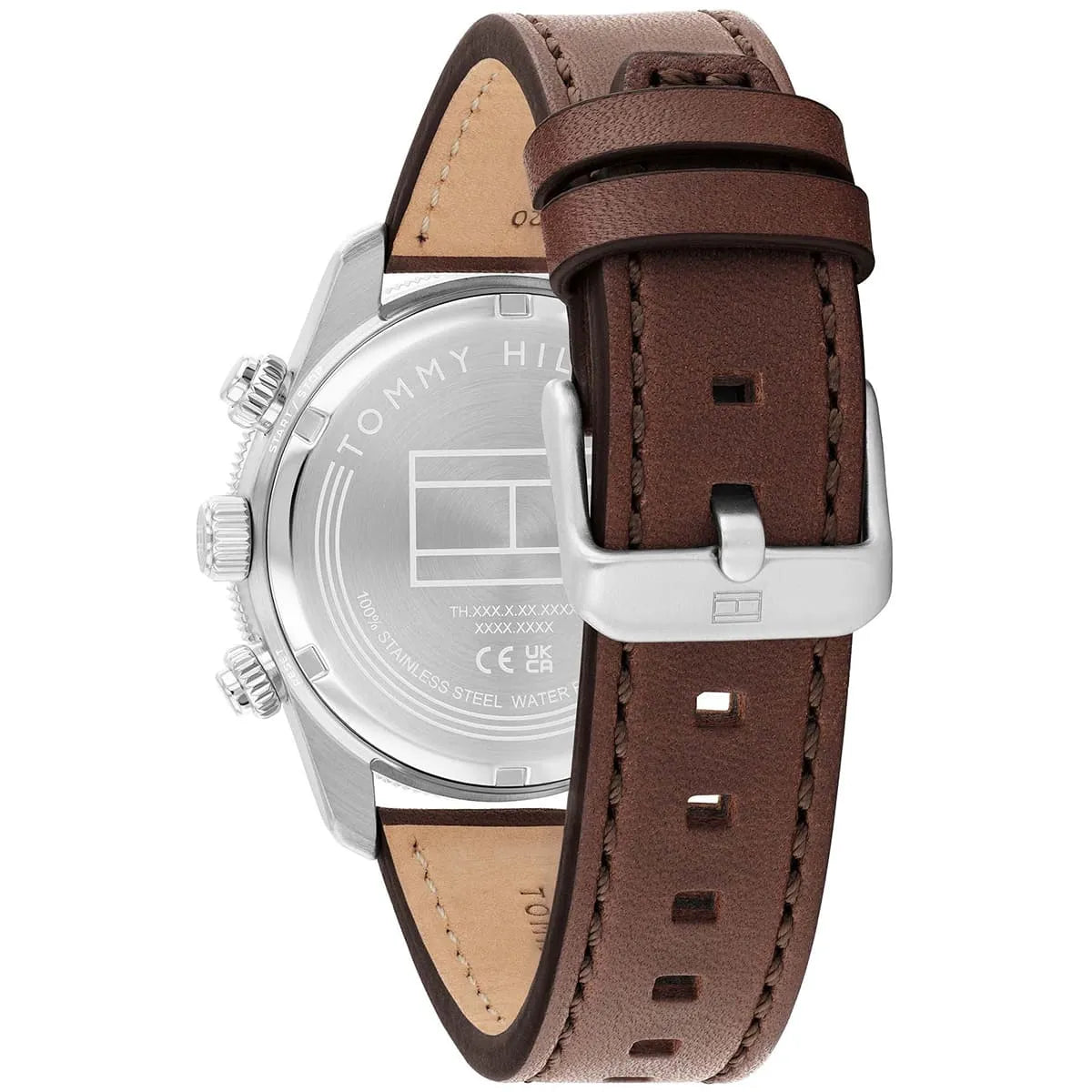 Brown leather strap detail with stainless steel buckle and tan leather interior