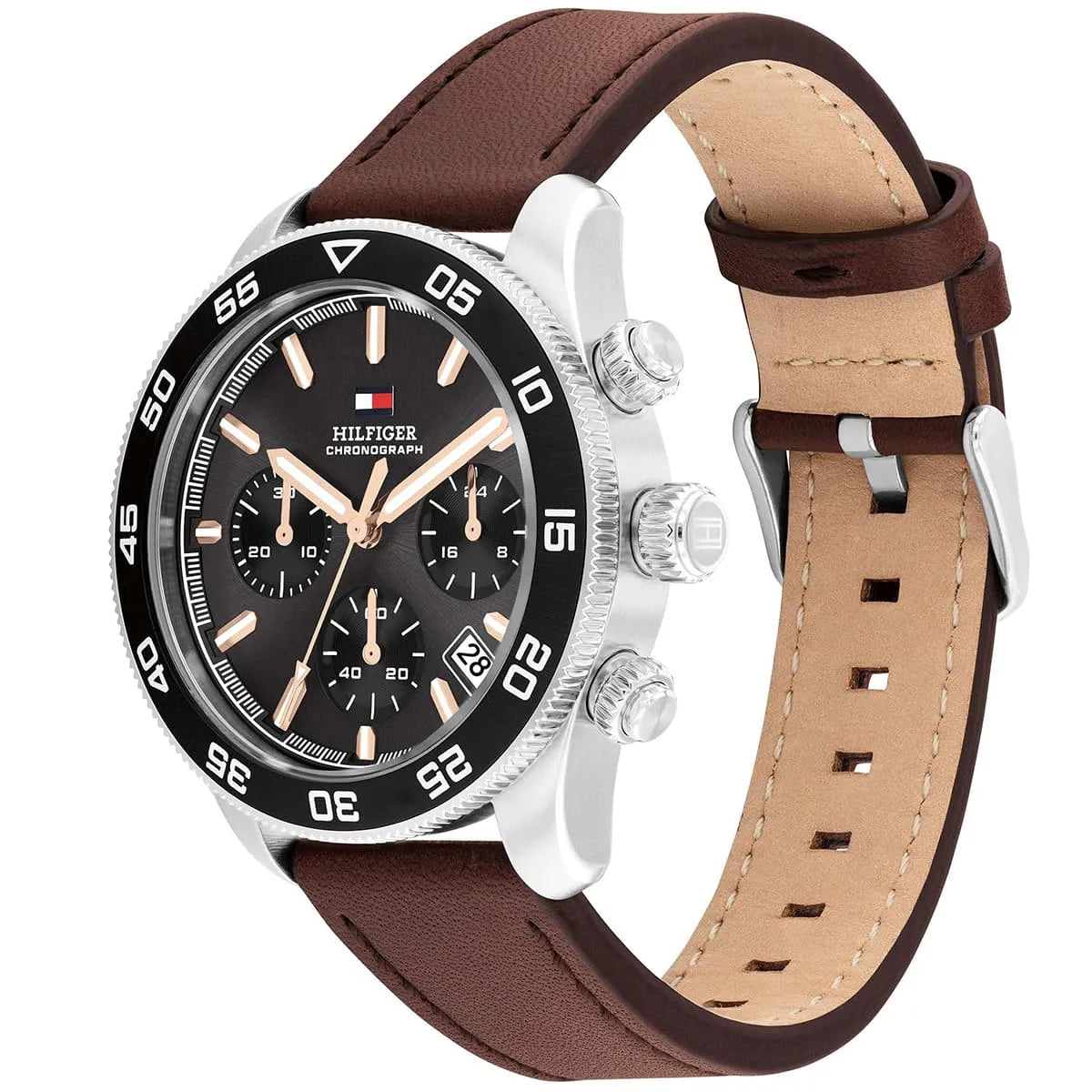 Side angle view showing brown leather strap and chronograph pushers on stainless steel case