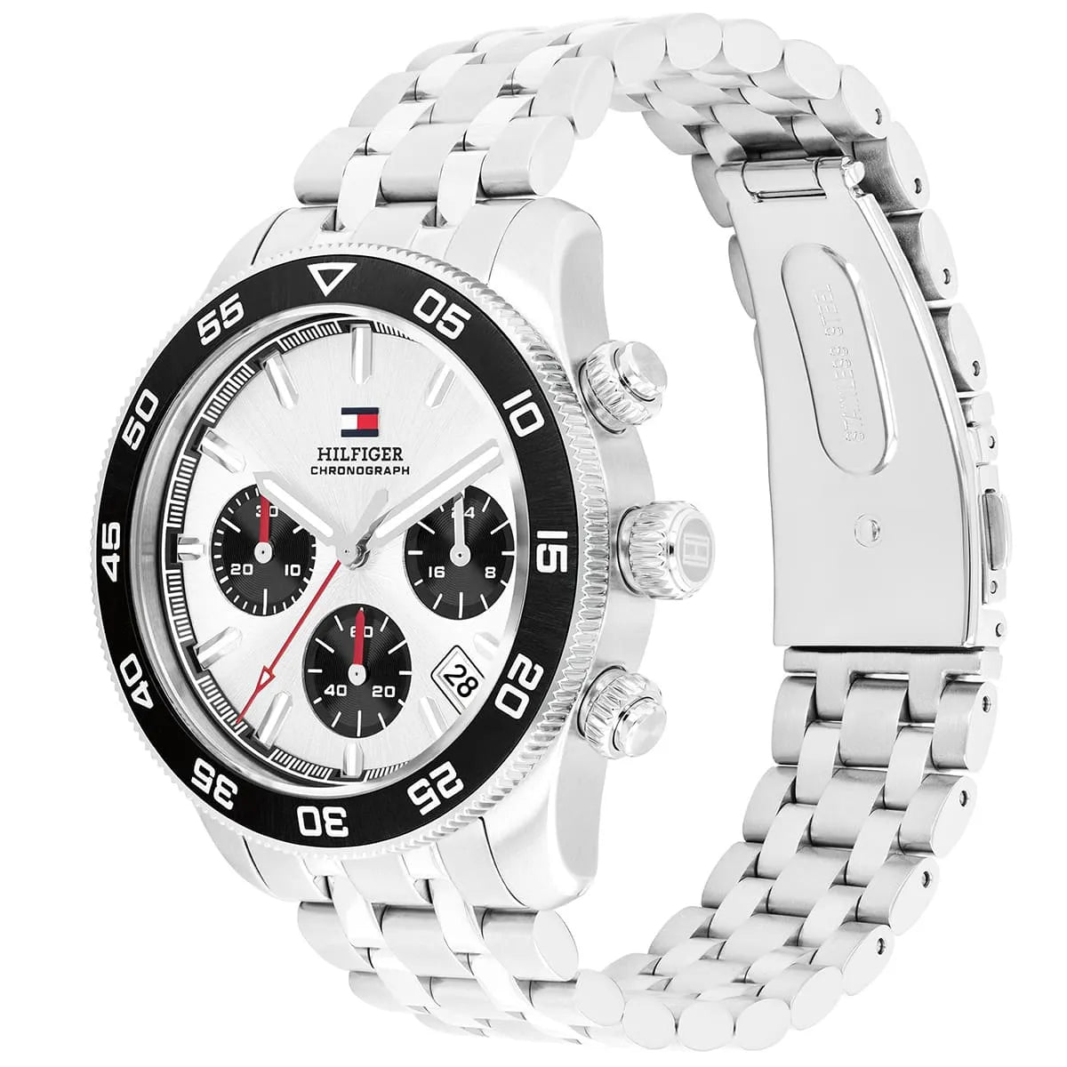 Tommy Hilfiger TH85 watch shown at angle displaying silver dial, chronograph subdials, and stainless steel bracelet