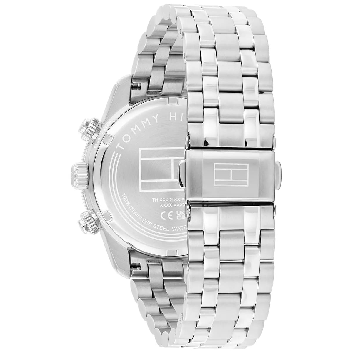 Tommy Hilfiger TH85 watch caseback showing stainless steel case and metal bracelet