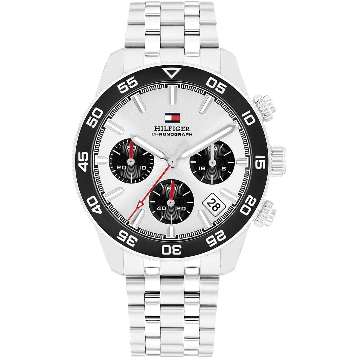 Tommy Hilfiger TH85 chronograph men's watch with silver dial, black bezel, and stainless steel bracelet