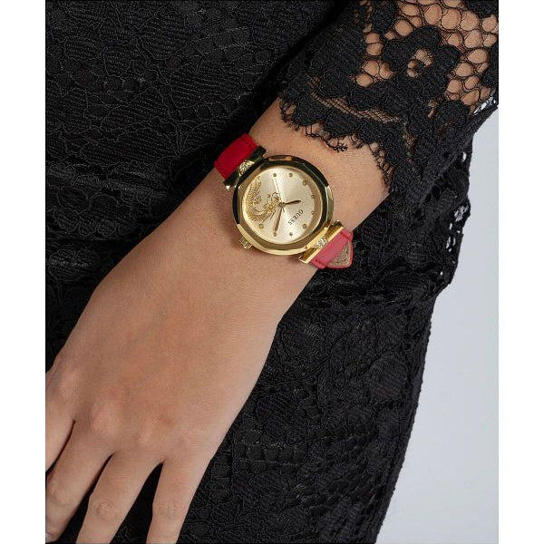 Guess Leather 34Mm Red Strap Champagne Dial Gold Tone Analog Womens Watch - GW0646L1