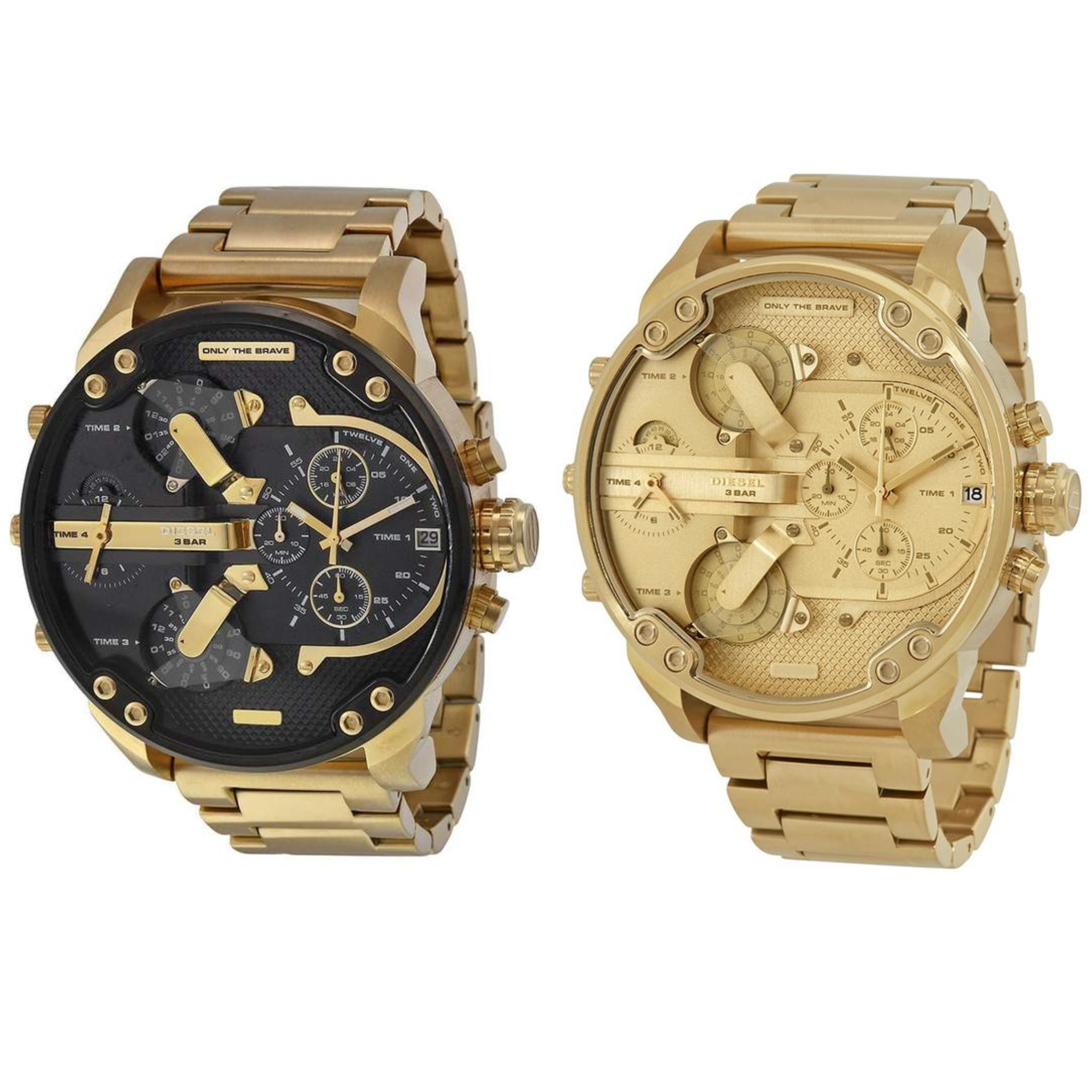 Two Diesel Big Daddy gold watches displayed side by side, one with black dial and one with gold dial
