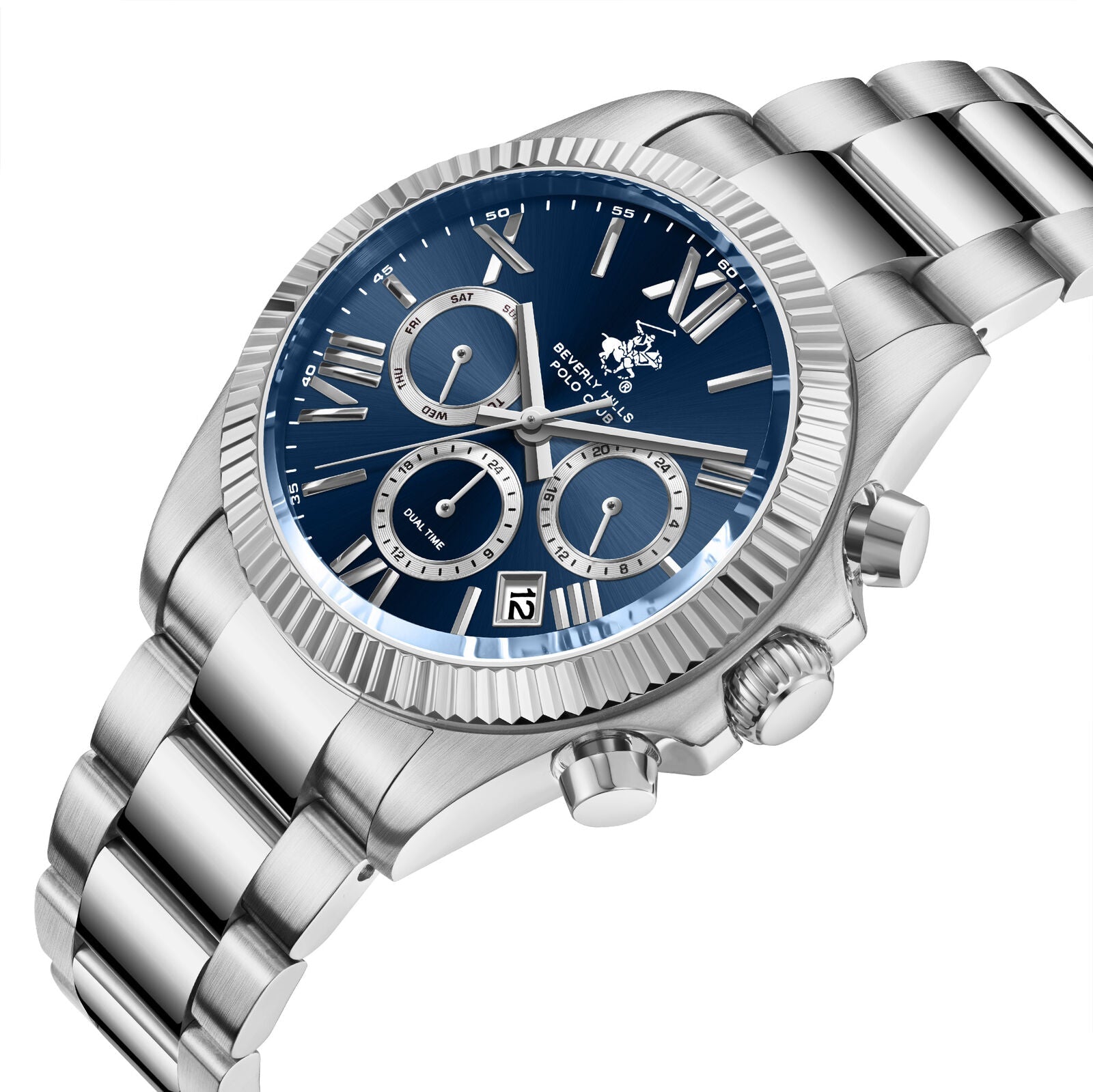 Beverly Hills Polo Club Dual Time Blue Dial Multifunction Silver Watch BP3874X.390