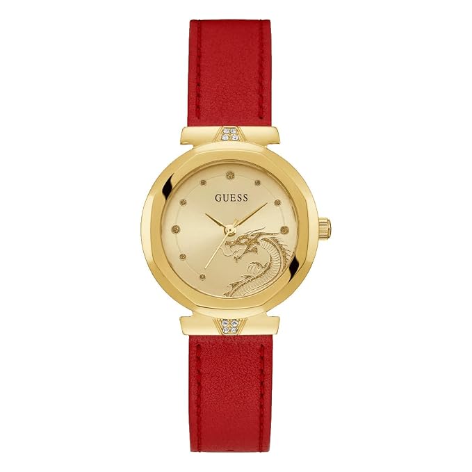 Guess Leather 34Mm Red Strap Champagne Dial Gold Tone Analog Womens Watch - GW0646L1