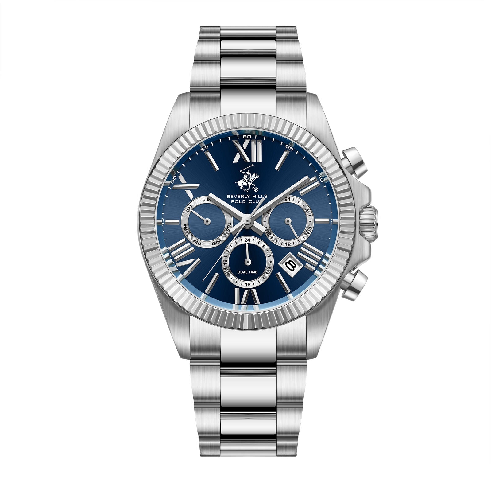 Beverly Hills Polo Club Dual Time Blue Dial Multifunction Silver Watch BP3874X.390