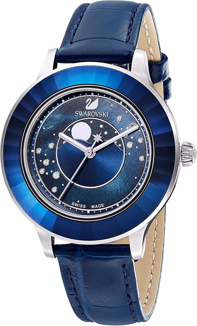 Swarovski Octea Lux , Leather Strap, Dark Blue, Stainless Steel Moon Watch 5516305