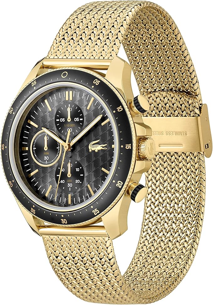 Lacoste Gold Steel Mesh Black Dial Fashion Chrono Men's Watch - 2011254