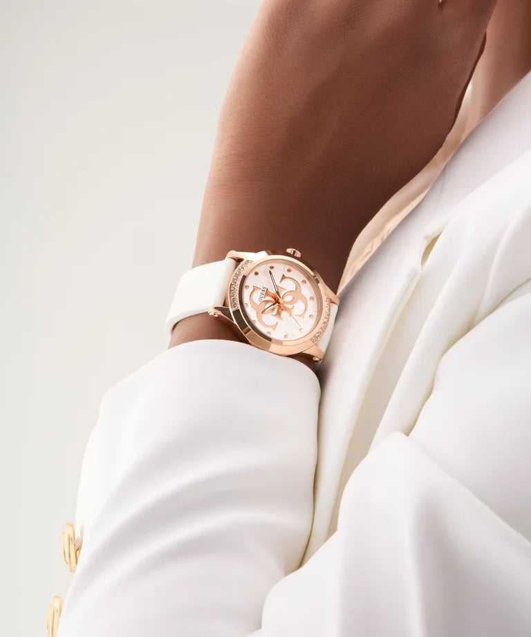 GUESS Ladies White Rose Gold Tone Analog Watch - GW0860L4