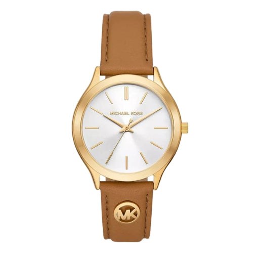 Michael Kors Slim Runway White Dial Brown Leather Strap Women's Watch - MK7465