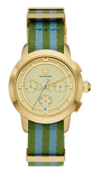 Tory Burch The Tory Chronograph White Dial Two Tone NATO Strap Watch for Women - TBW1037
