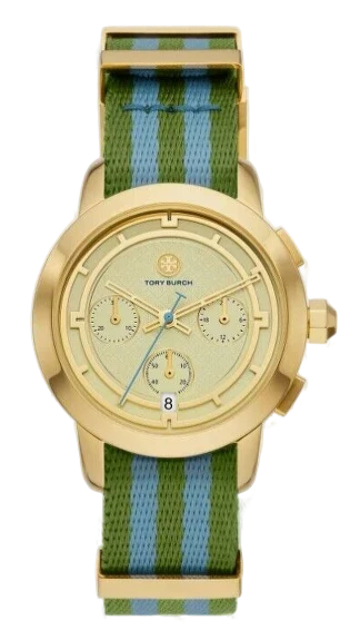 Tory Burch The Tory Chronograph White Dial Two Tone NATO Strap Watch for Women - TBW1037