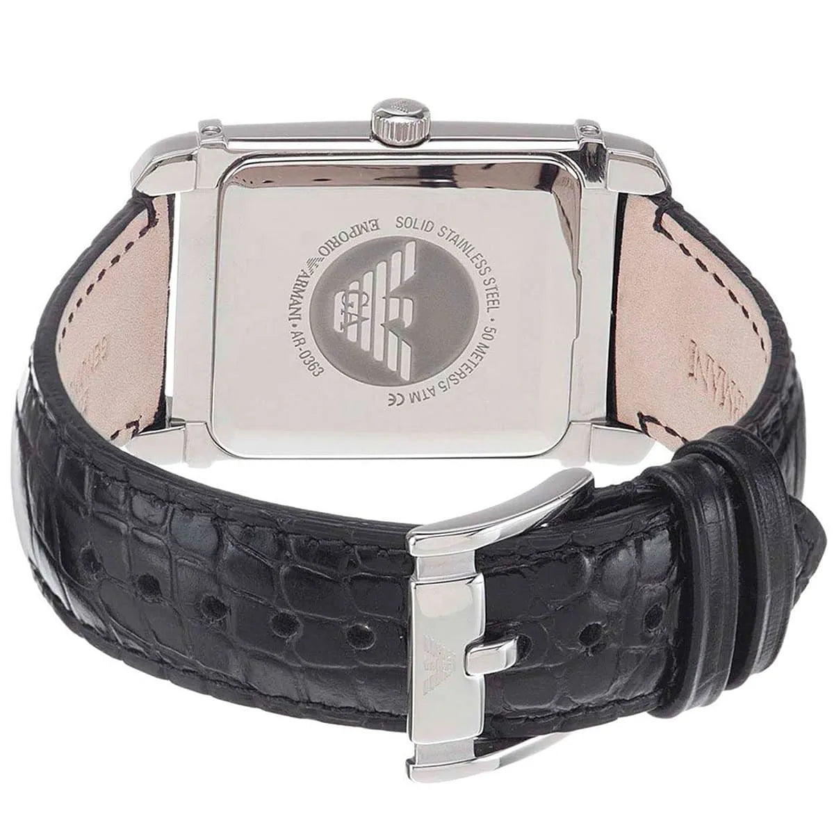 Caseback of Emporio Armani Angolo Medium watch with engraved logo and stainless steel backing