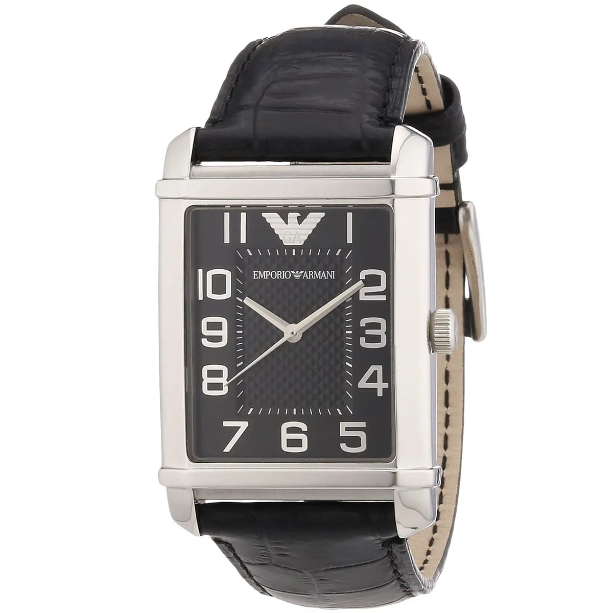 Side view of Emporio Armani Angolo Medium watch showing square case and leather strap