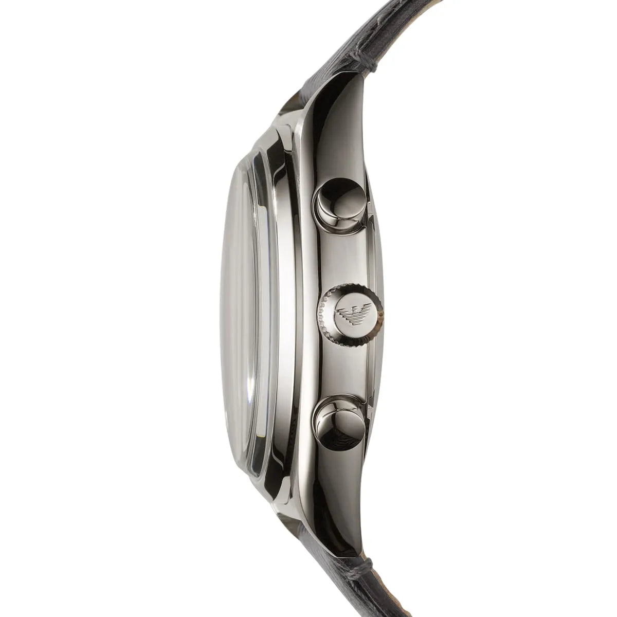Side profile of Emporio Armani Franco Large watch with chronograph pushers and gray leather strap