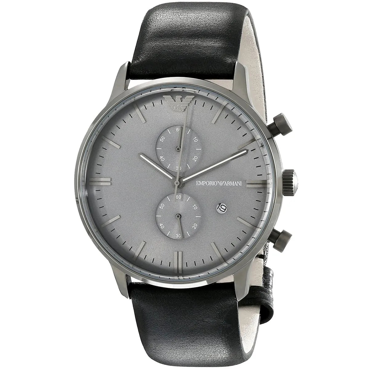 Emporio Armani Classic Grey Dial Black Leather Strap Watch For Men AR0388