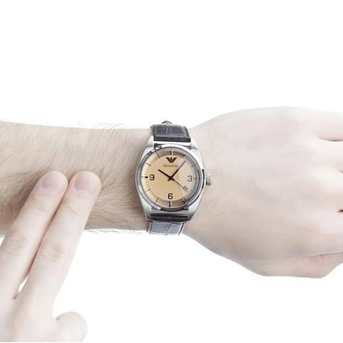 Emporio Armani Franco AR0394 watch worn on wrist with brown leather strap