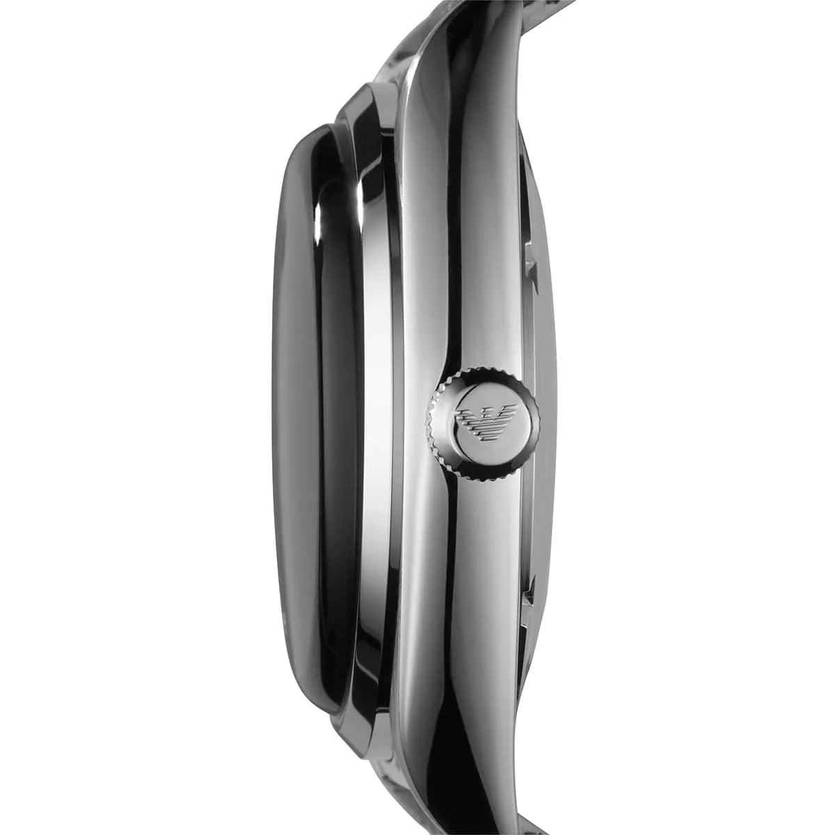 Side profile of Emporio Armani Franco stainless steel case and strap
