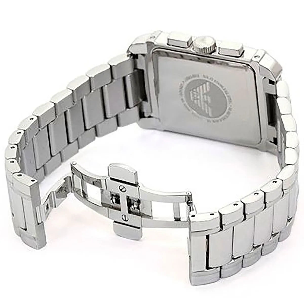 Caseback view of Marco medium watch showing Emporio Armani branding and stainless steel bracelet