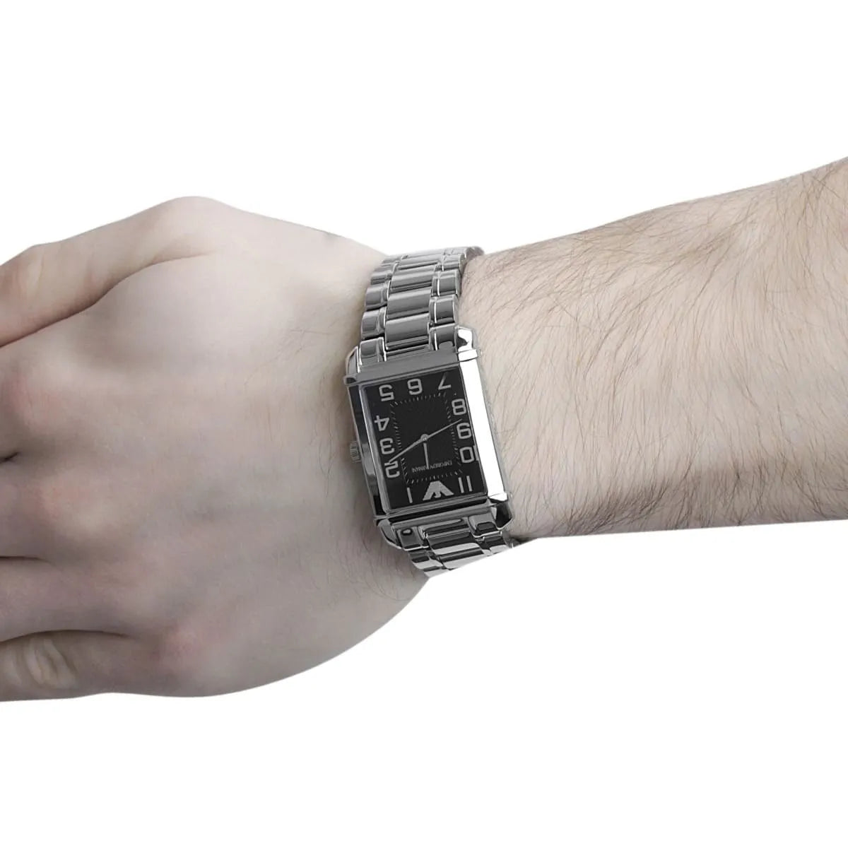 Marco medium watch worn on wrist displaying black dial and silver metal bracelet