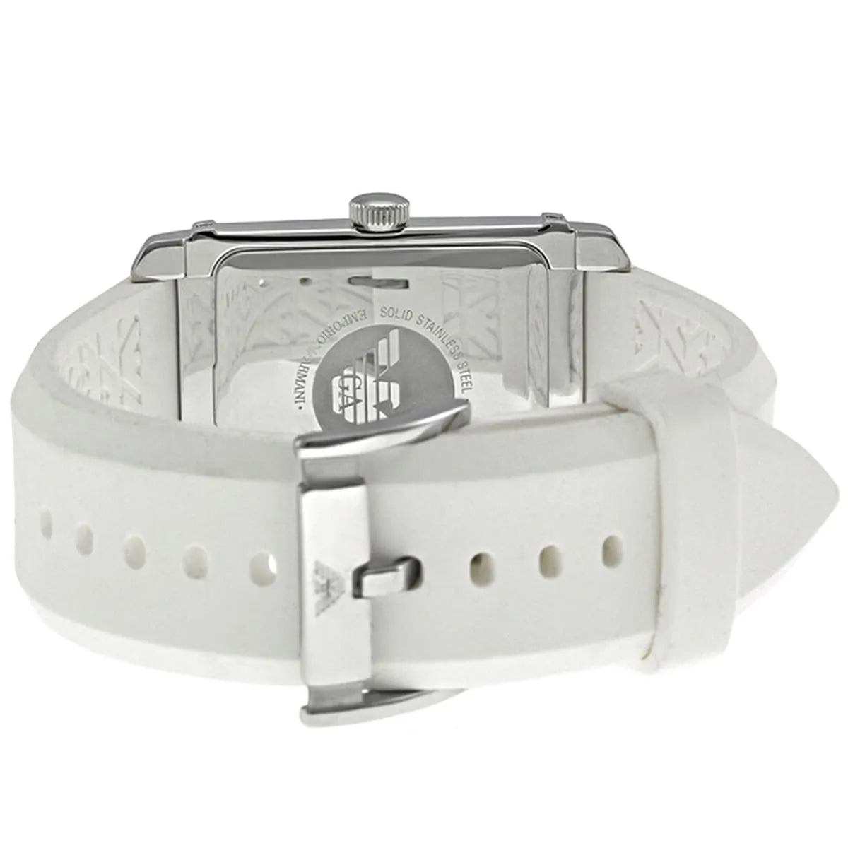 Emporio Armani AR0498 caseback showing water resistance rating and watch specifications on white rubber strap