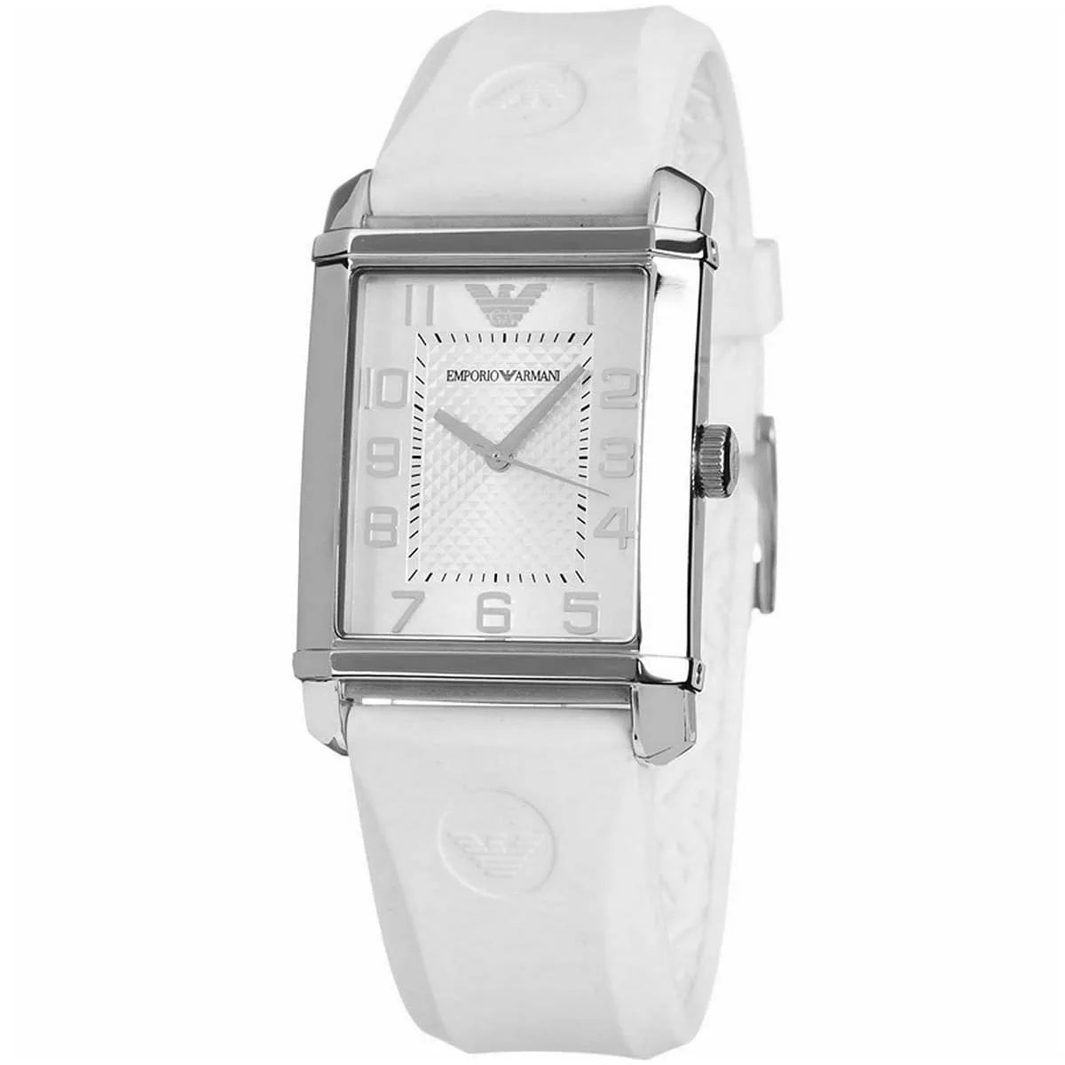 Emporio Armani AR0498 watch at angle showing white rectangular dial and white rubber strap