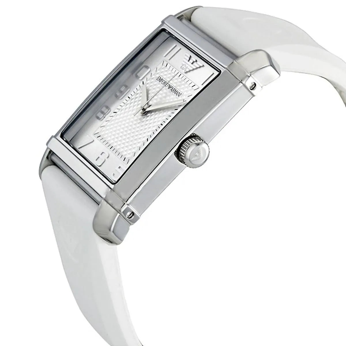 Side view of Emporio Armani AR0498 unisex watch with white rubber strap and stainless steel case
