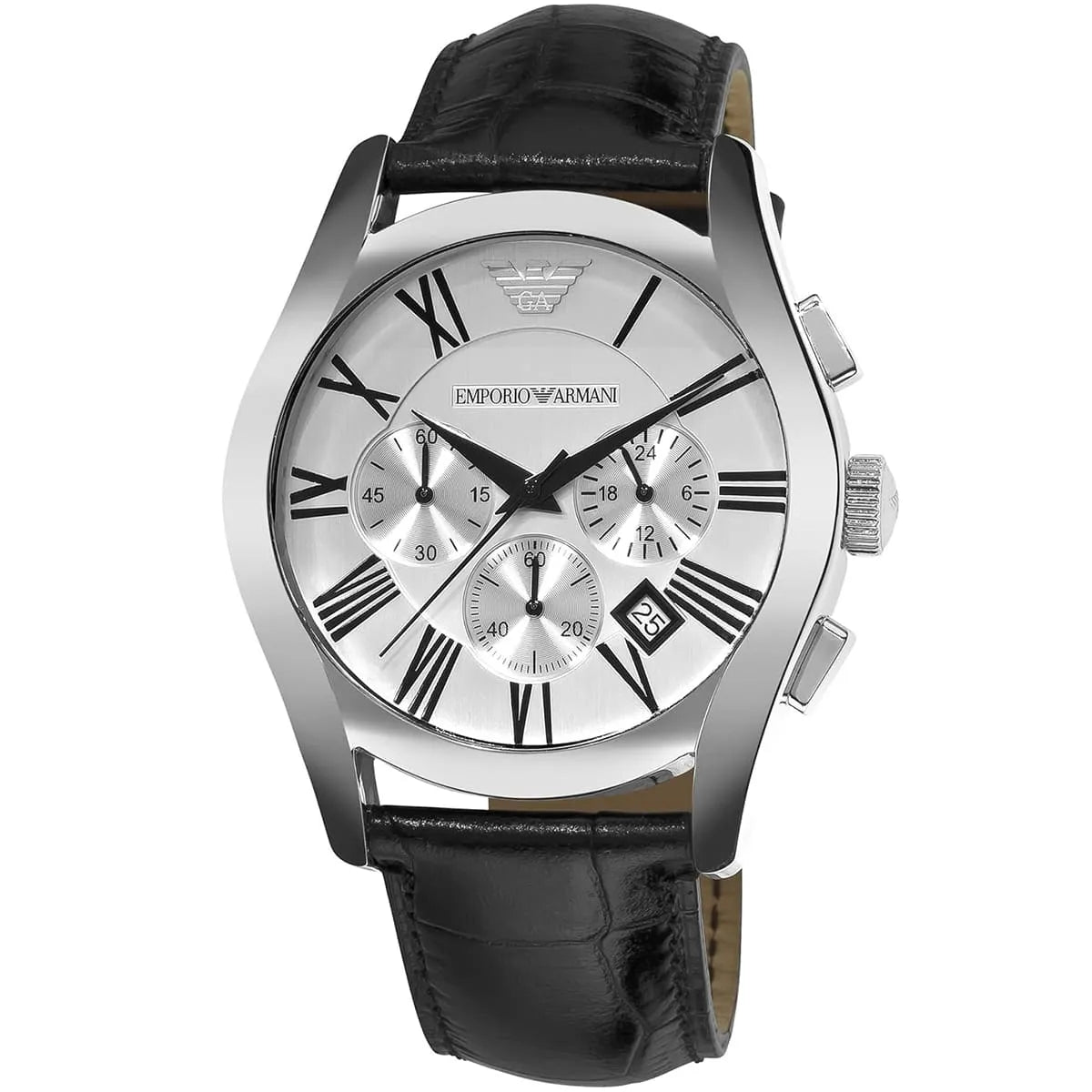 AR0669 Emporio Armani chronograph watch showing dial and leather strap from angled view