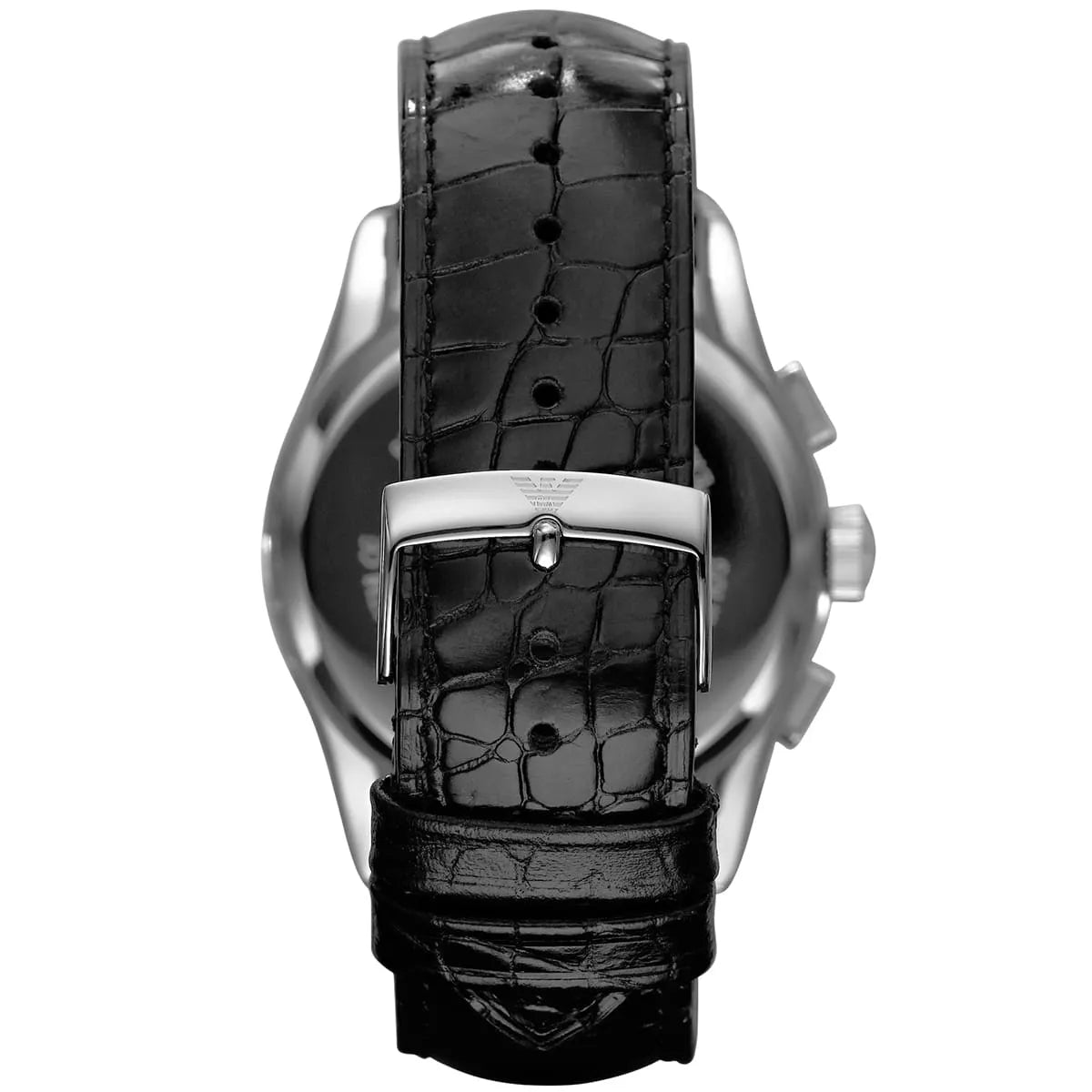 AR0669 Emporio Armani watch caseback showing crocodile-embossed leather strap