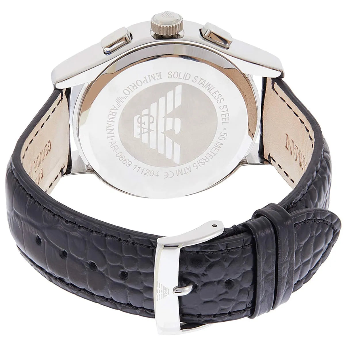Emporio Armani AR0669 solid stainless steel caseback with engraved logo