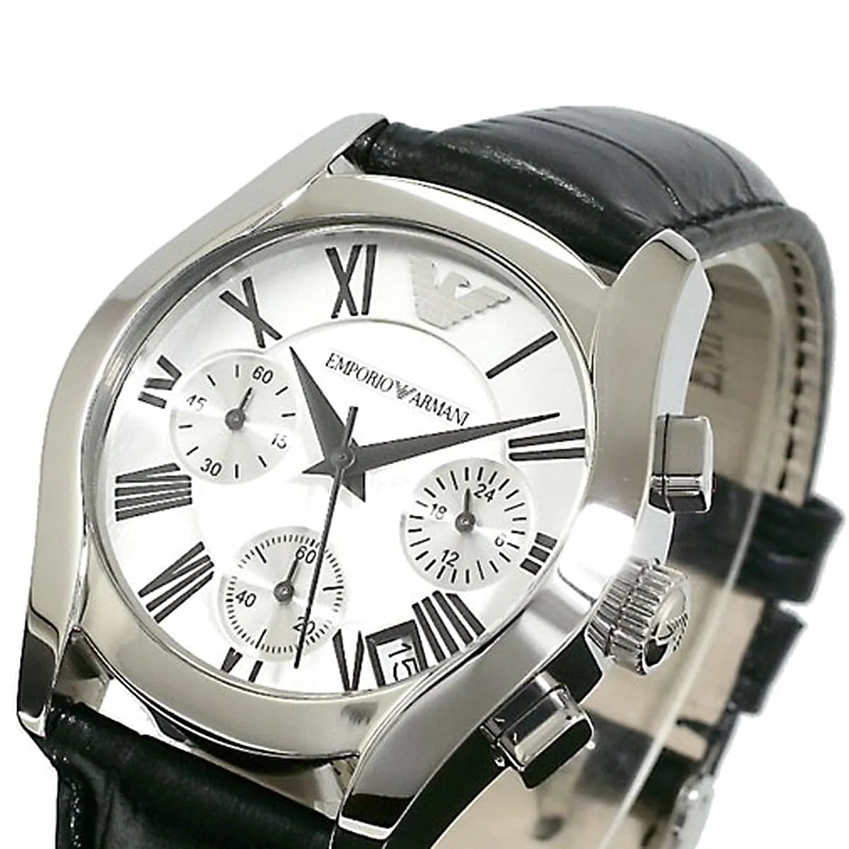 Angled view of Emporio Armani AR0670 chronograph watch highlighting dial and case design