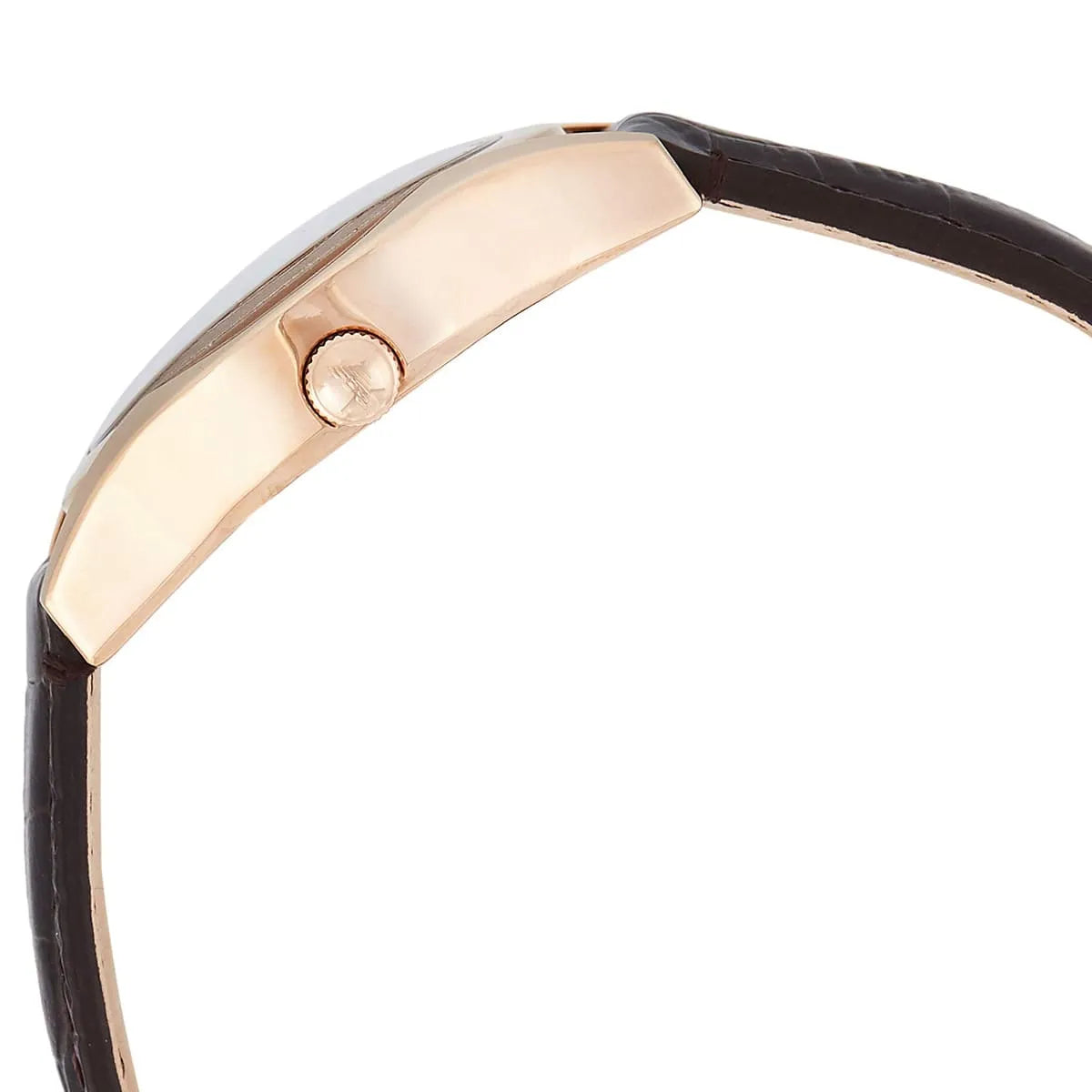 Side view of Emporio Armani AR0678 showing rose gold case profile and crown detail with brown leather strap