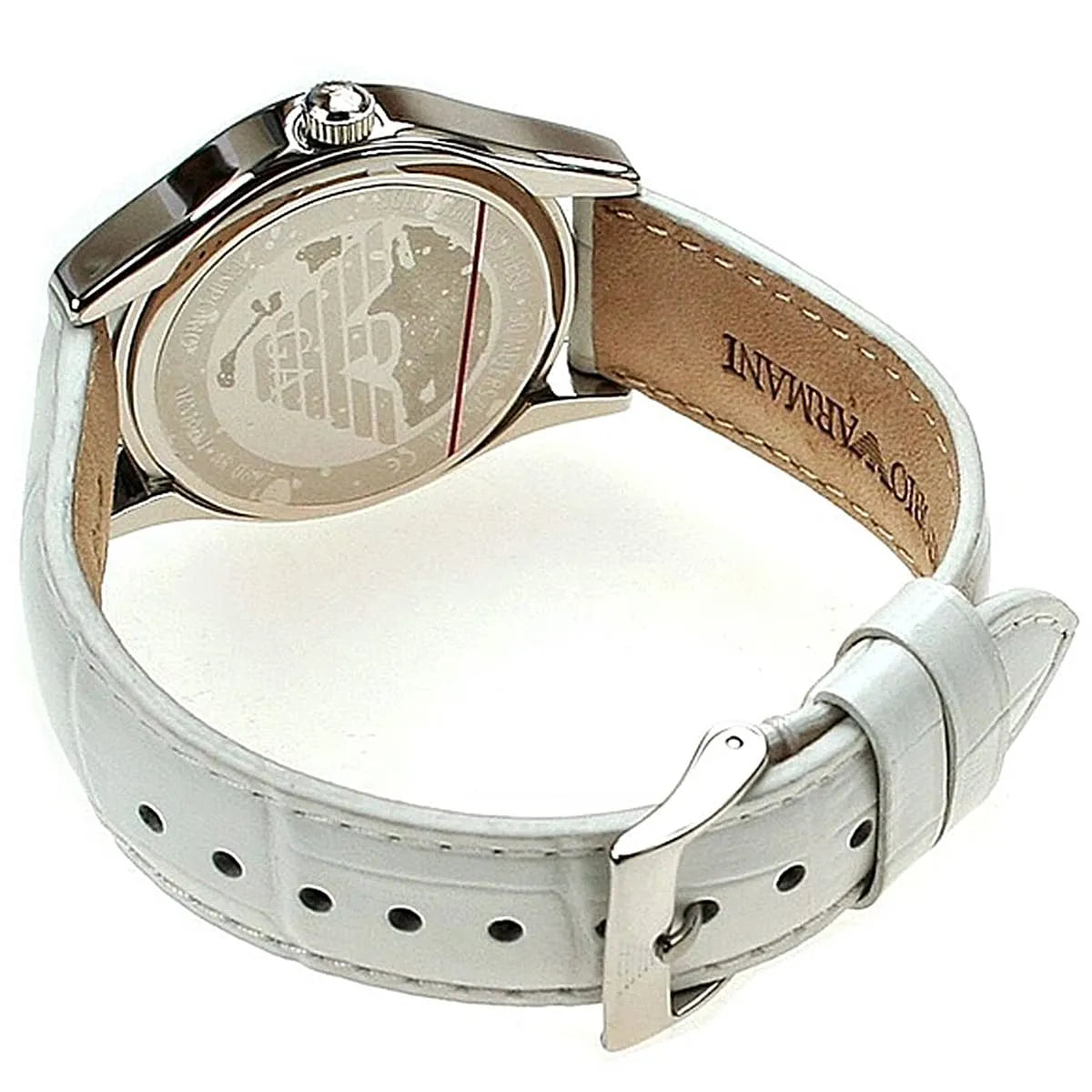 Angled view of Emporio Armani AR0697 watch with white leather strap showing case and buckle