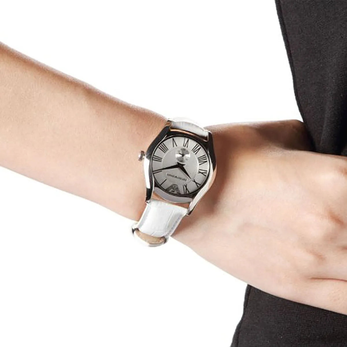 Emporio Armani AR0697 women's watch worn on wrist with white leather strap