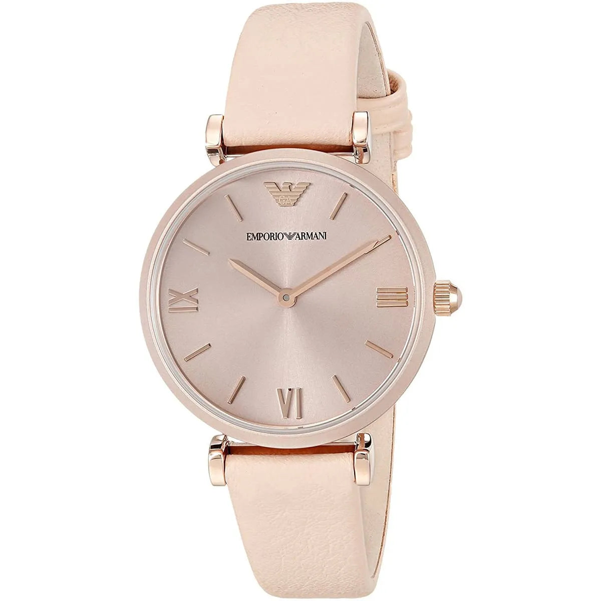 Emporio Armani Gianni T-Bar watch angled view showing rose gold dial and Roman numeral markers