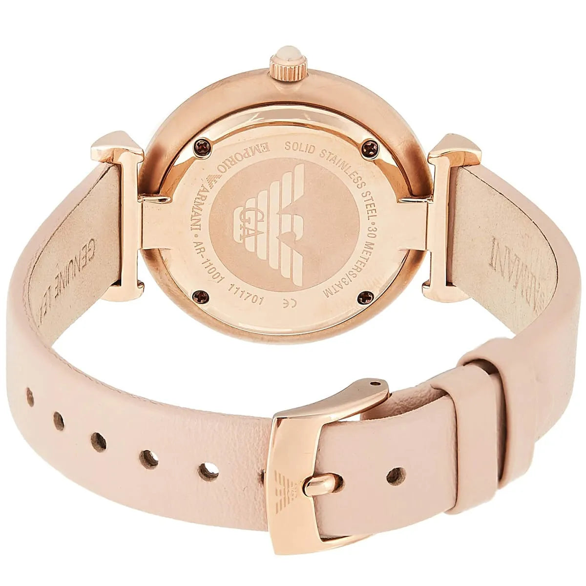 Emporio Armani Gianni T-Bar caseback with eagle logo and solid stainless steel marking