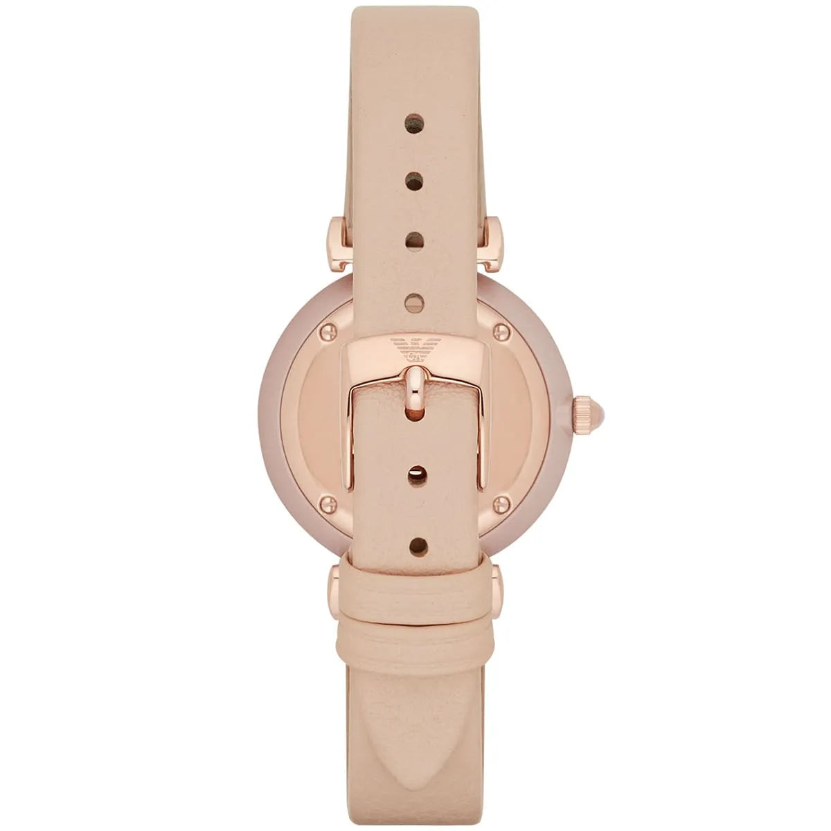 Emporio Armani Gianni T-Bar watch caseback showing solid stainless steel and T-bar design