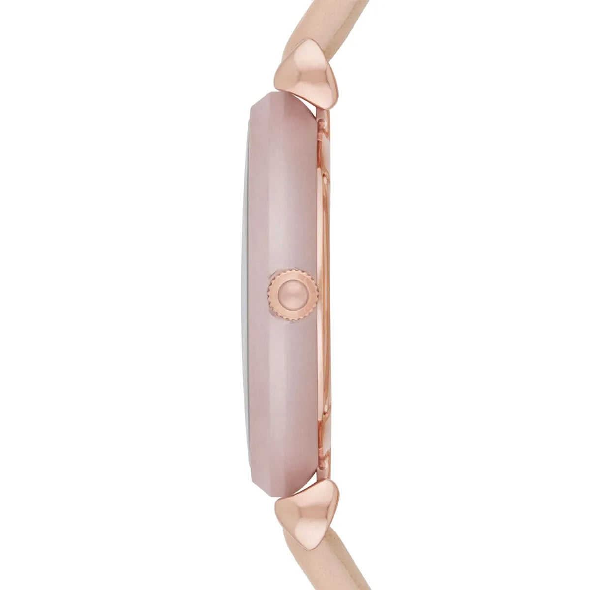 Emporio Armani Gianni T-Bar watch side view with pink leather strap and case details visible
