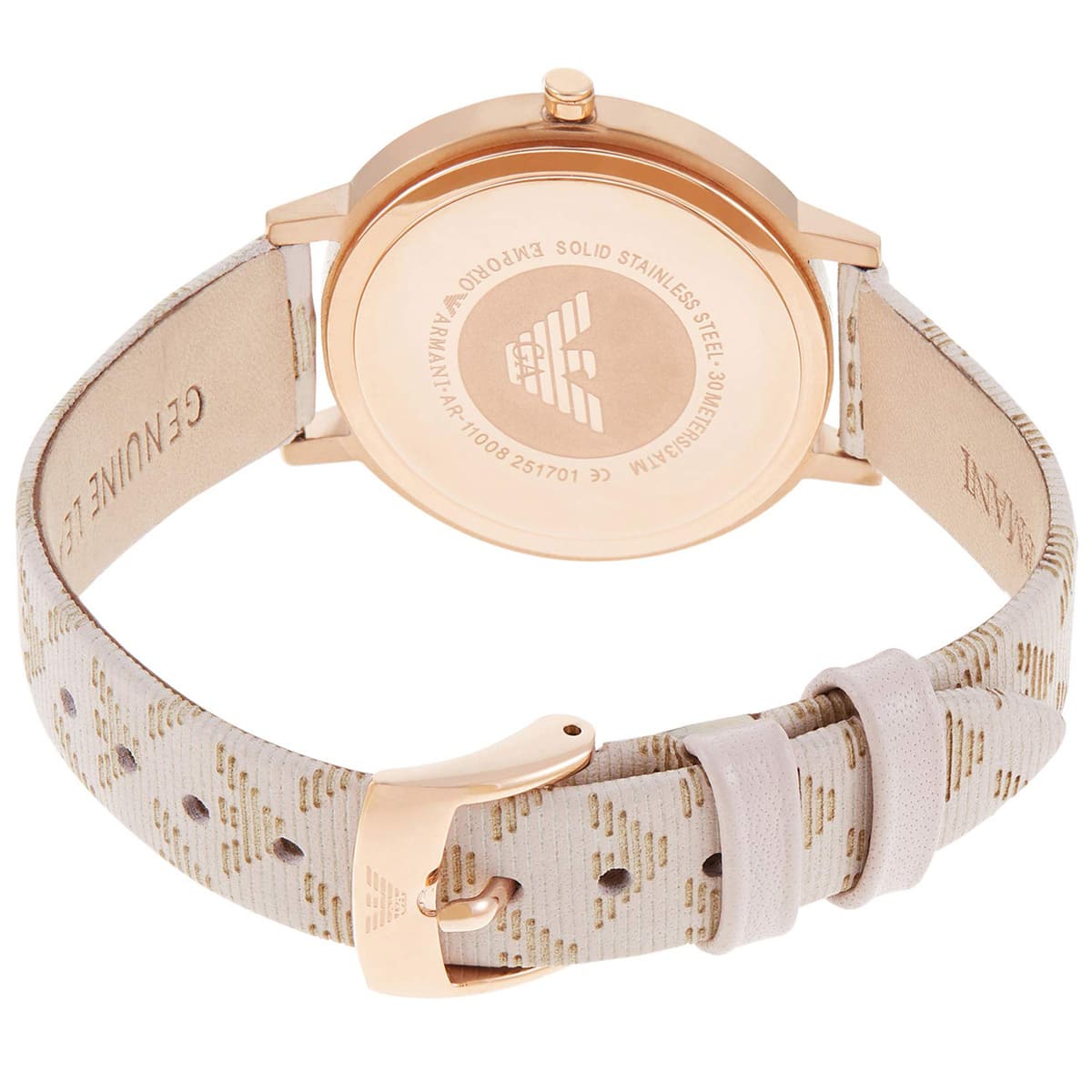 Caseback of Emporio Armani Kappa watch with eagle logo and beige leather strap detail