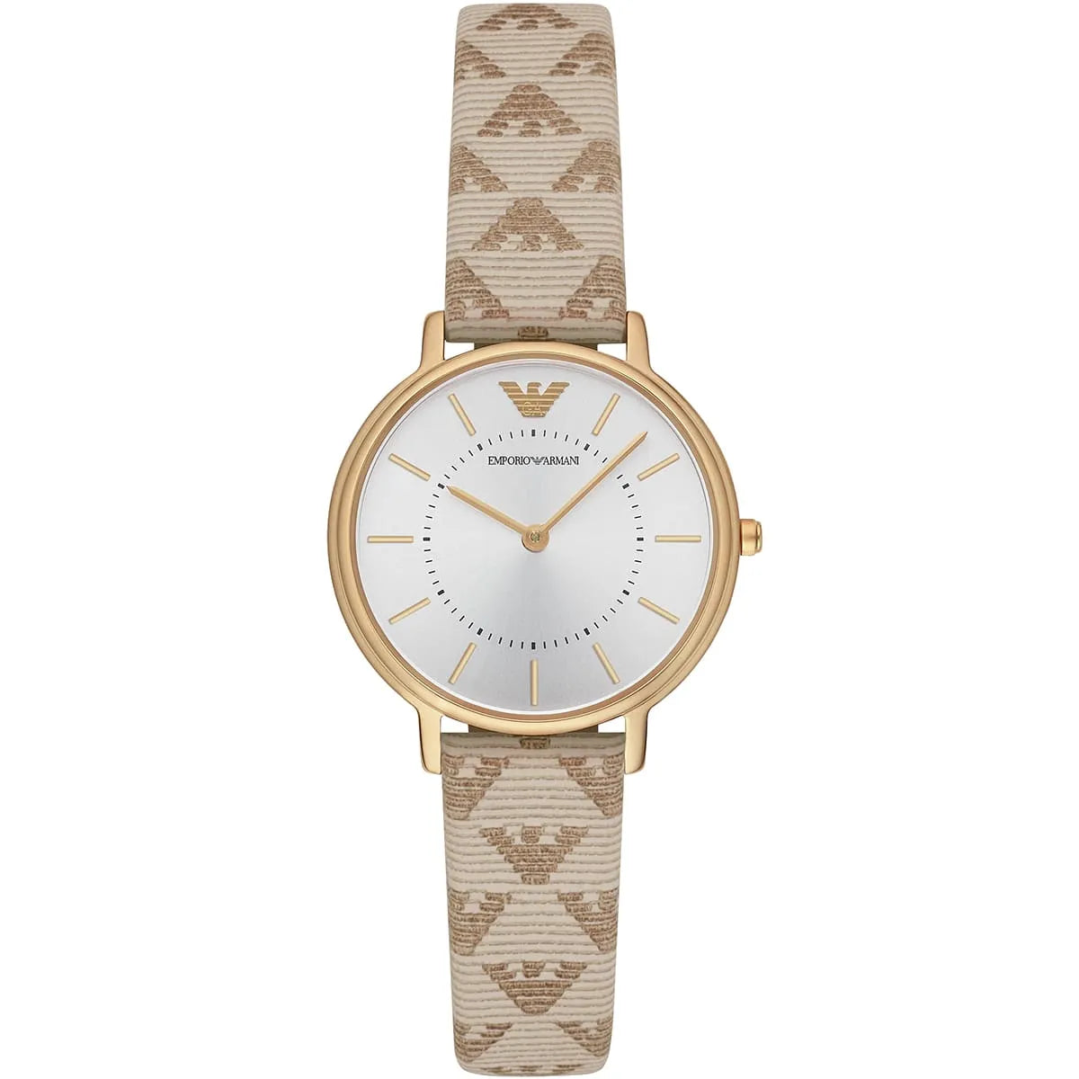Emporio Armani AR11009 gold tone watch with silver dial and beige patterned leather strap