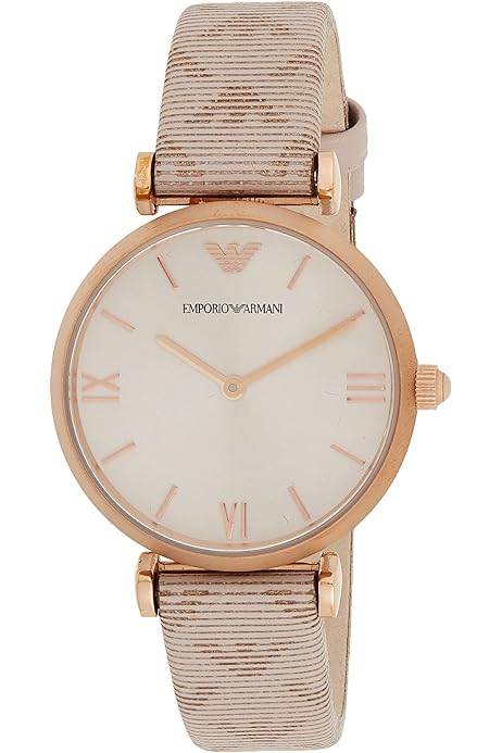 Emporio Armani Kappa watch with rose-gold case, cream dial with Roman numerals, and beige strap