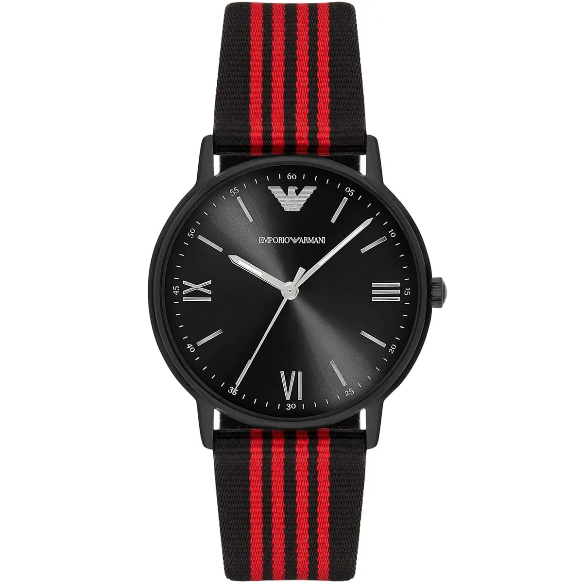 Emporio Armani Kappa AR11015 front view with Roman numeral dial and striped fabric strap