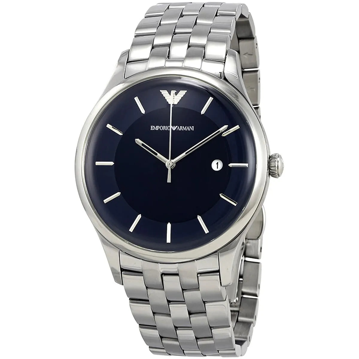 Emporio Armani Lambda watch angled view showing blue dial with applied indices